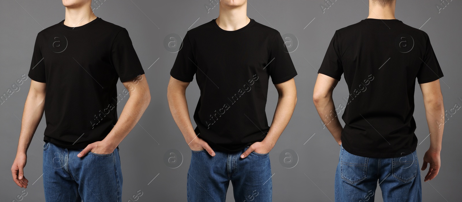 Image of Man in black t-shirt, closeup. Collage of photos on grey background. Mockup for design