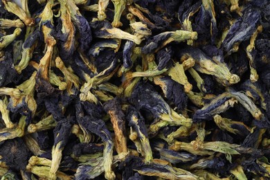 Photo of Butterfly pea flower tea. Dry Clitoria ternatea petals as background, top view