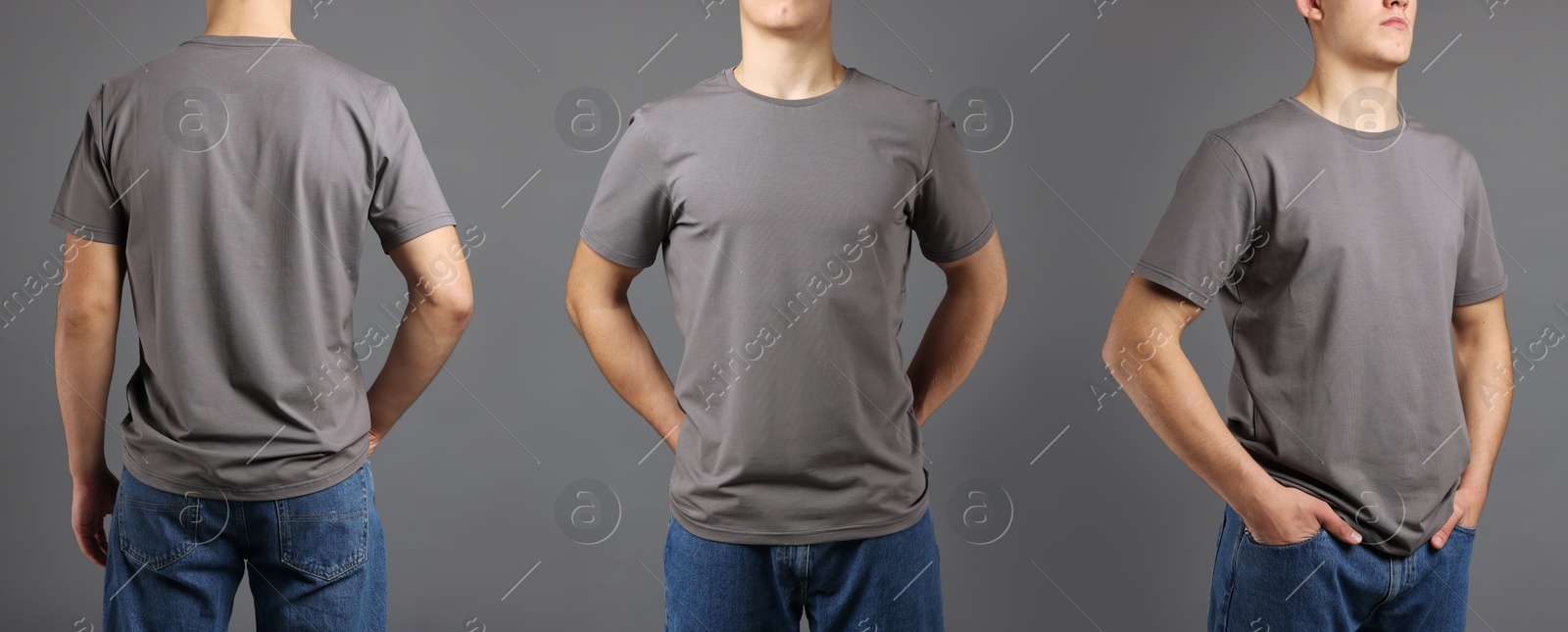 Image of Man in grey t-shirt, closeup. Collage of photos on grey background. Mockup for design