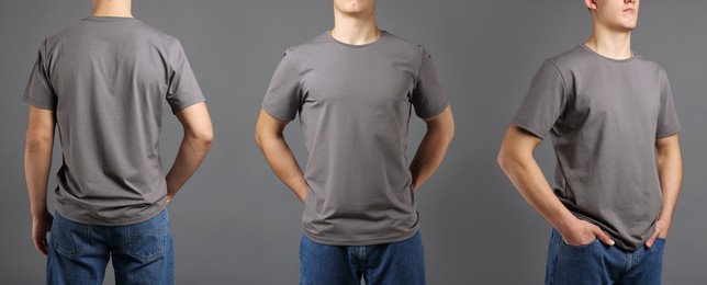 Man in grey t-shirt, closeup. Collage of photos on grey background. Mockup for design