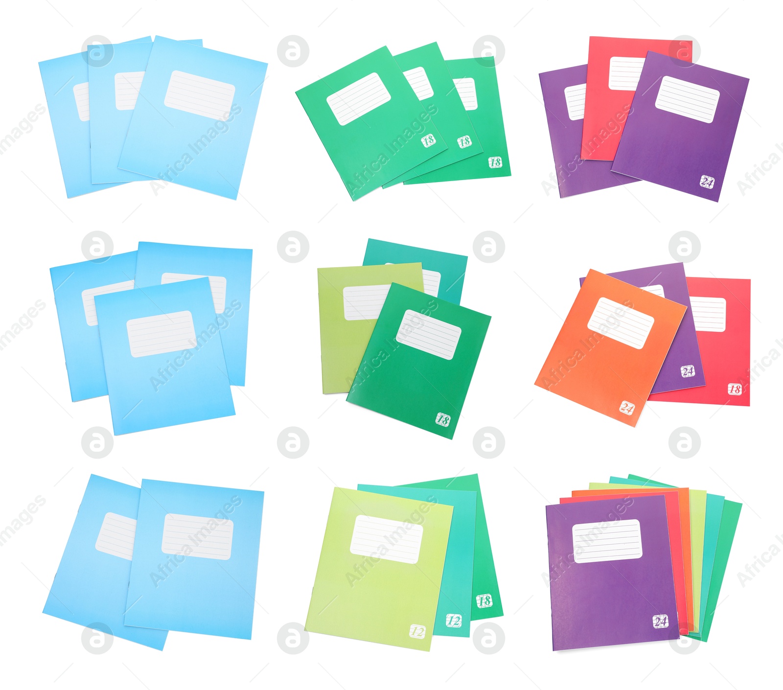 Image of Set of many different notebooks on white background, top view. School stationery