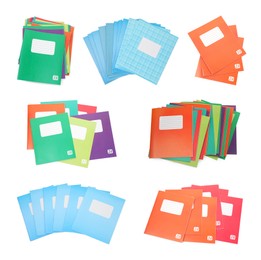 Image of Set of many different notebooks on white background, top view. School stationery