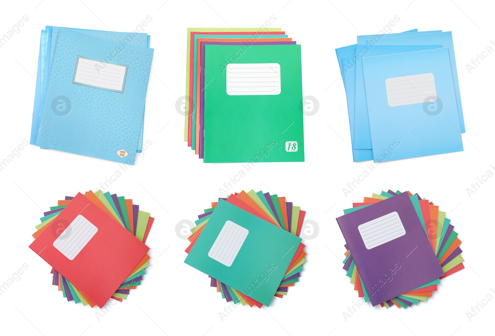 Image of Set of many different notebooks on white background, top view. School stationery