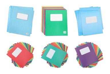 Image of Set of many different notebooks on white background, top view. School stationery