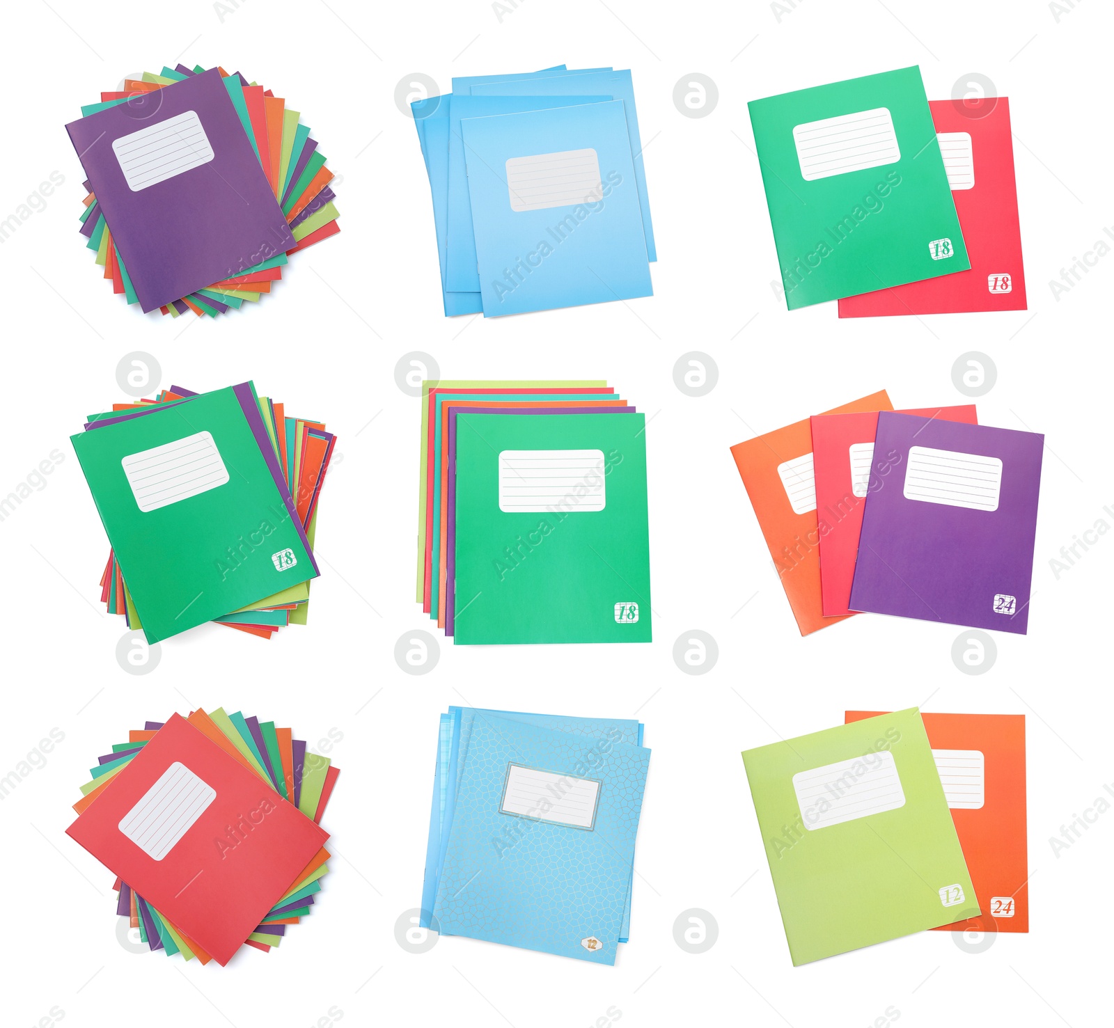 Image of Set of many different notebooks on white background, top view. School stationery