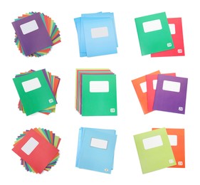 Image of Set of many different notebooks on white background, top view. School stationery