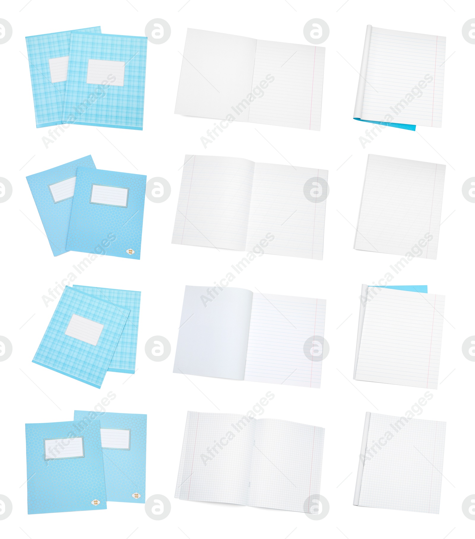 Image of Set of many different notebooks on white background, top view. School stationery