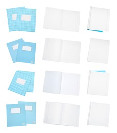 Image of Set of many different notebooks on white background, top view. School stationery