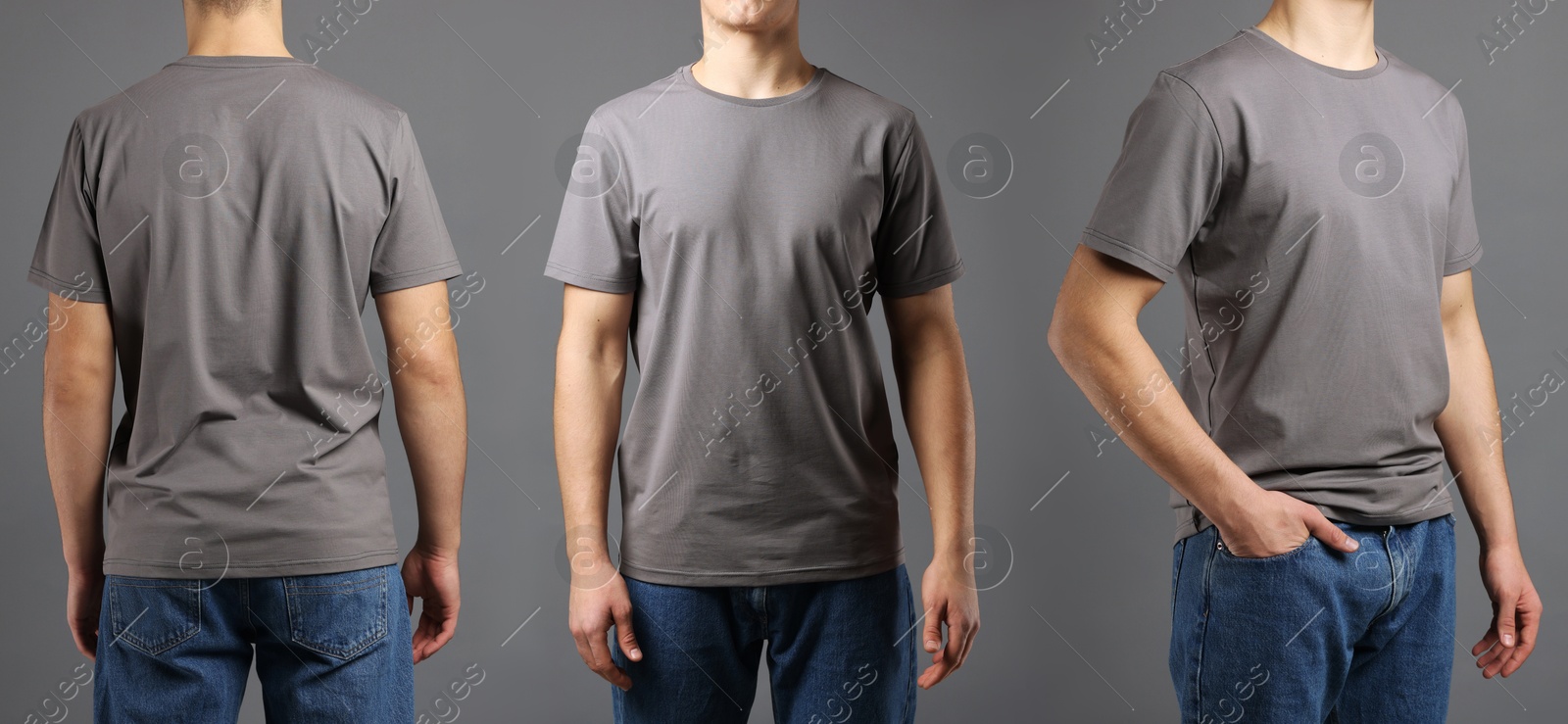 Image of Man in grey t-shirt, closeup. Collage of photos on grey background. Mockup for design