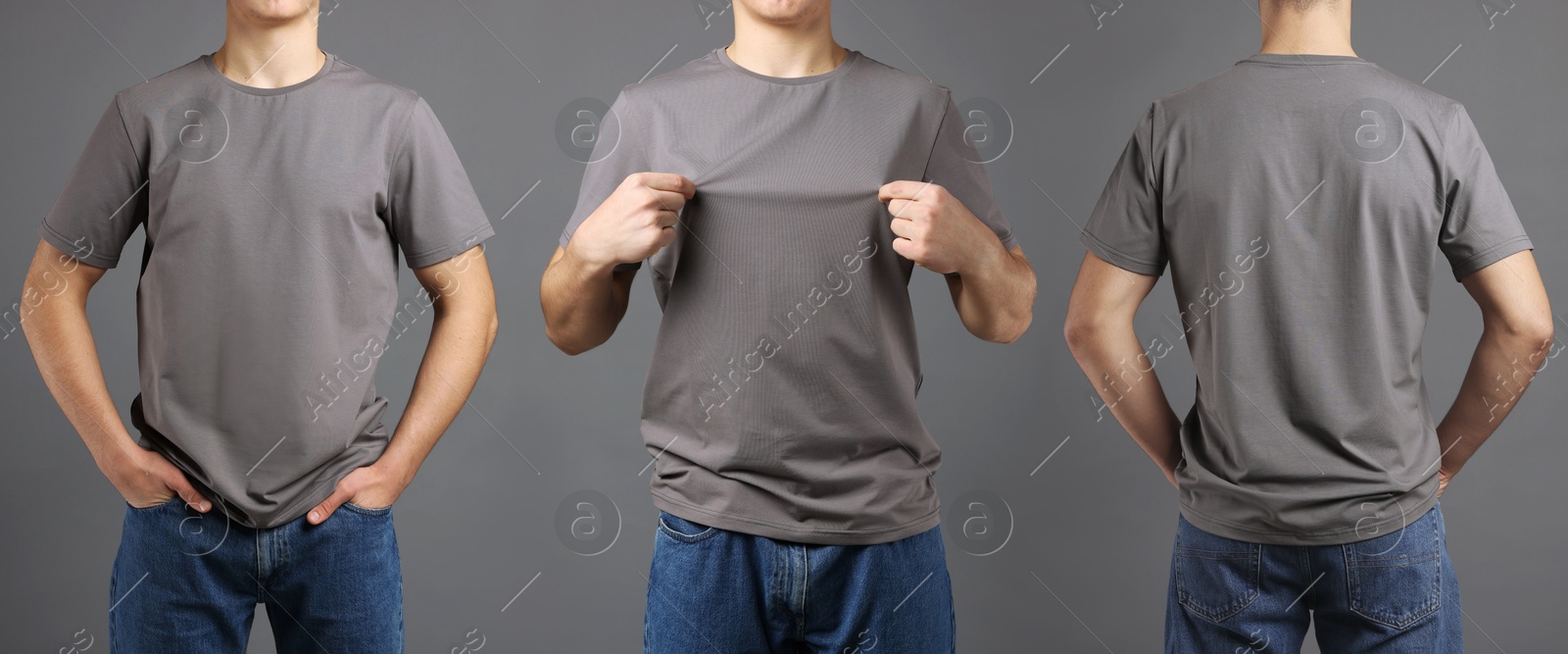 Image of Man in grey t-shirt, closeup. Collage of photos on grey background. Mockup for design