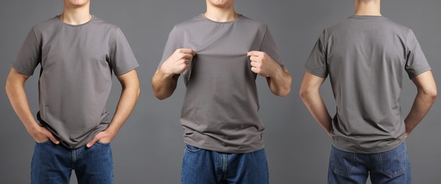 Man in grey t-shirt, closeup. Collage of photos on grey background. Mockup for design