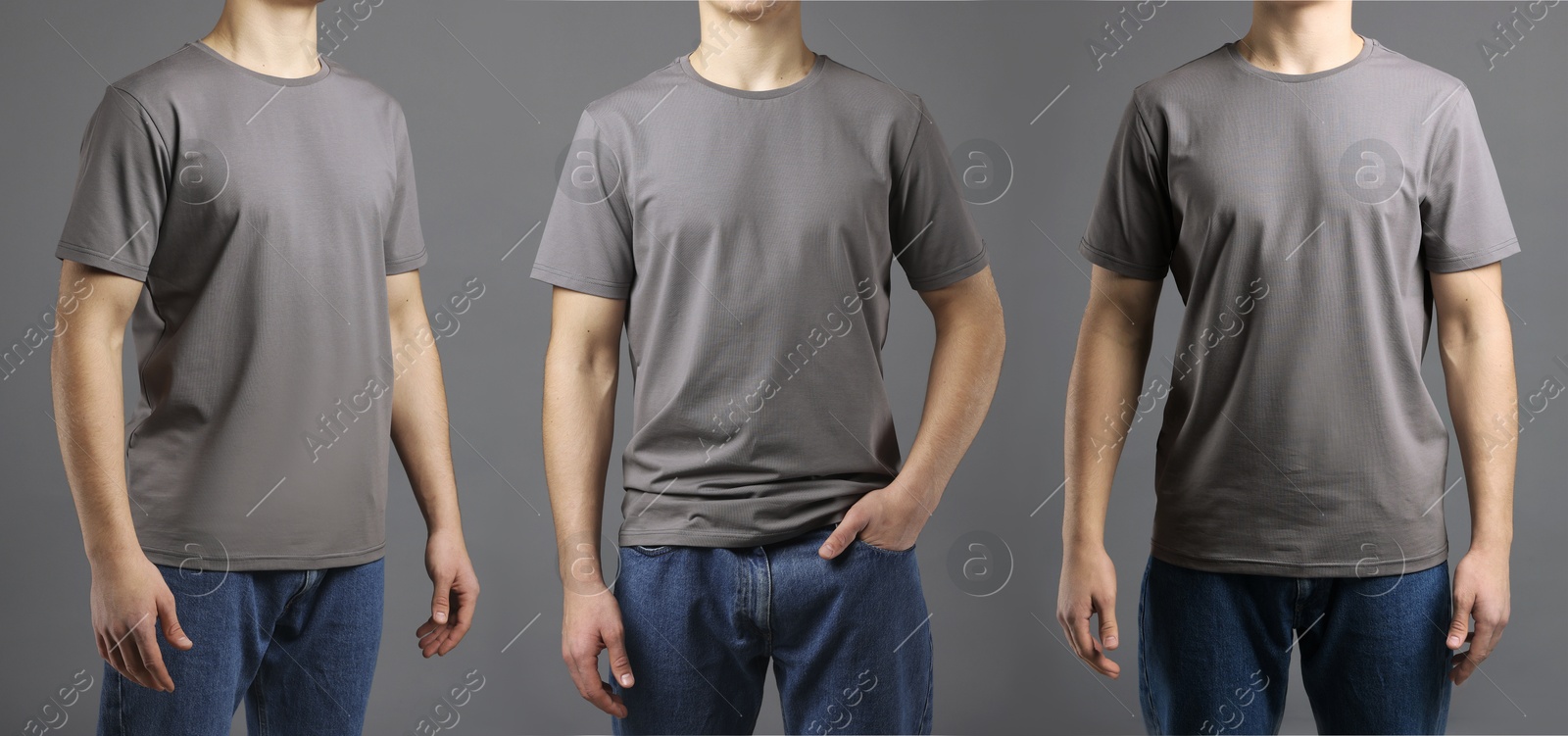 Image of Man in grey t-shirt, closeup. Collage of photos on grey background. Mockup for design