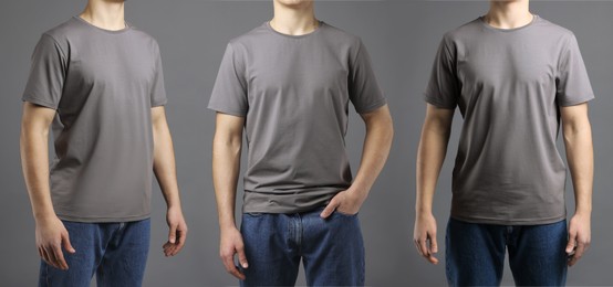 Image of Man in grey t-shirt, closeup. Collage of photos on grey background. Mockup for design