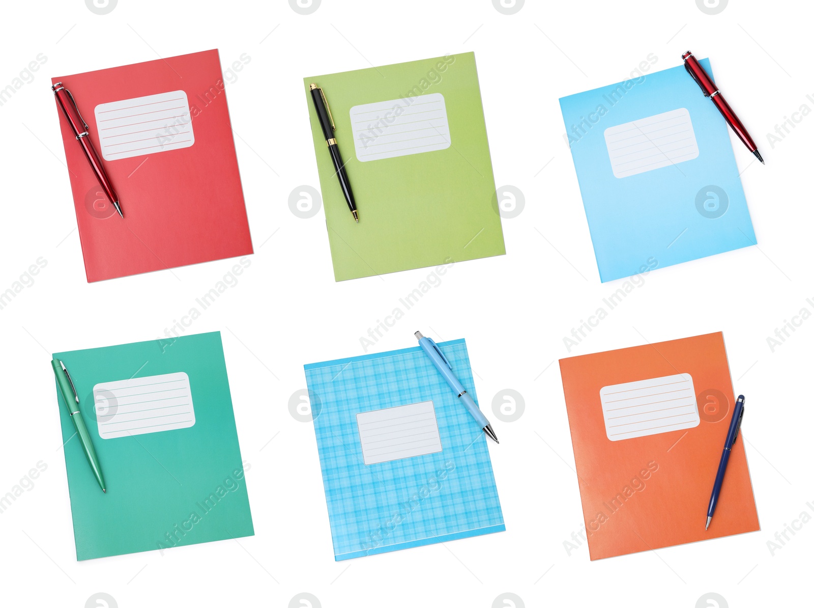 Image of Set of many different notebooks and pens on white background, top view. School stationery