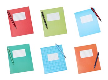 Image of Set of many different notebooks and pens on white background, top view. School stationery