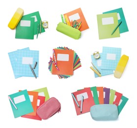 Image of Set of many different notebooks and other school stationery on white background, top view