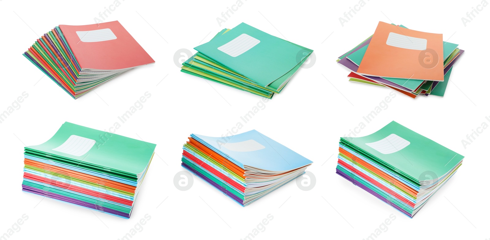 Image of Many different notebooks on white background, set. School stationery