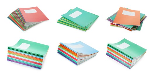 Image of Many different notebooks on white background, set. School stationery