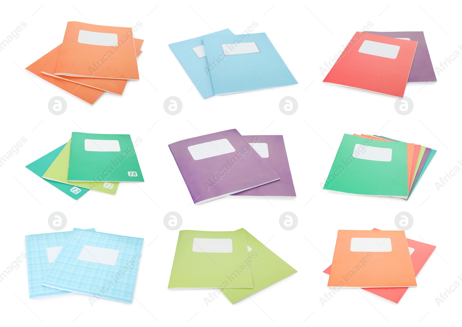 Image of Many different notebooks on white background, set. School stationery