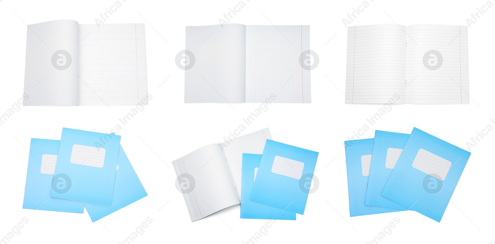 Image of Many different notebooks on white background, set. School stationery