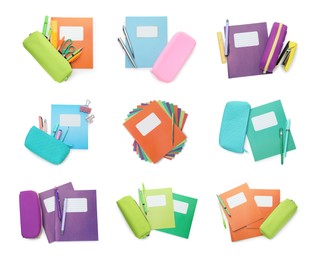 Image of Set of many different notebooks and other school stationery on white background, top view