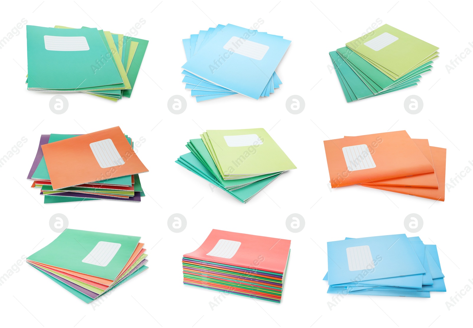 Image of Many different notebooks on white background, set. School stationery