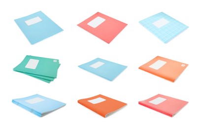 Image of Many different notebooks on white background, set. School stationery