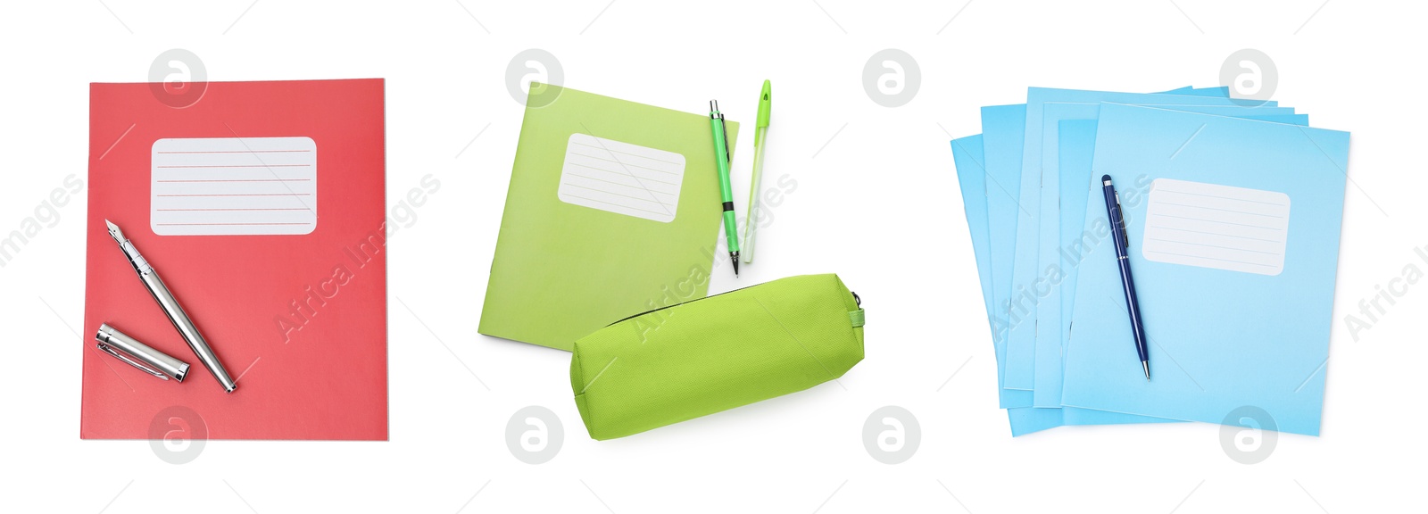 Image of Many different notebooks and other school stationery on white background, set. School stationery