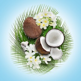 Image of Coconuts, tropical flowers and leaves on light blue background