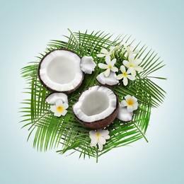 Image of Coconut, tropical flowers and leaves on light blue background