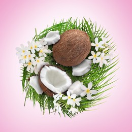 Image of Coconuts, tropical flowers and leaves on light violet background