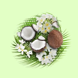 Image of Coconuts, tropical flowers and leaves on light green background