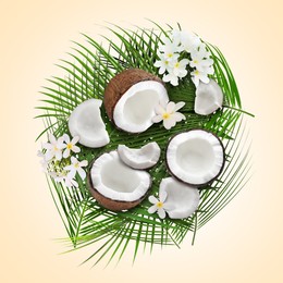 Image of Coconuts, tropical flowers and leaves on beige background