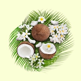 Image of Coconuts, tropical flowers and leaves on beige background