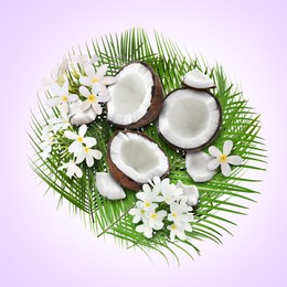 Image of Coconuts, tropical flowers and leaves on light violet background