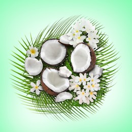 Image of Coconuts, tropical flowers and leaves on aquamarine color background