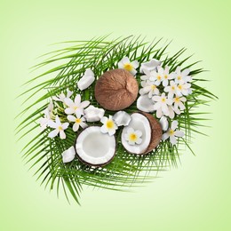 Image of Coconuts, tropical flowers and leaves on light green background