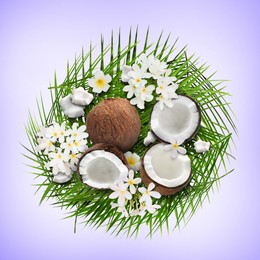 Image of Coconuts, tropical flowers and leaves on light violet blue background