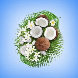 Image of Coconuts, tropical flowers and leaves on light blue background