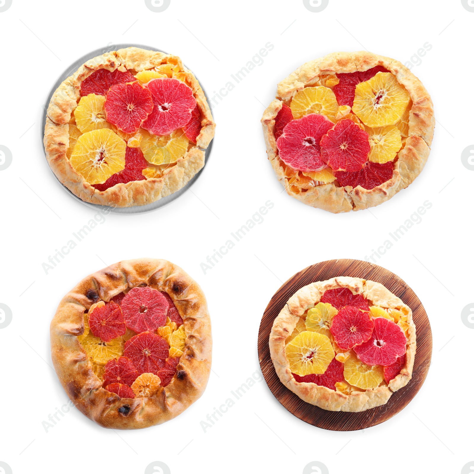 Image of Delicious galettes with citrus fruits on white background, set. Top view