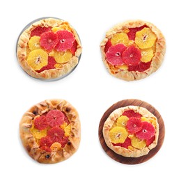 Image of Delicious galettes with citrus fruits on white background, set. Top view