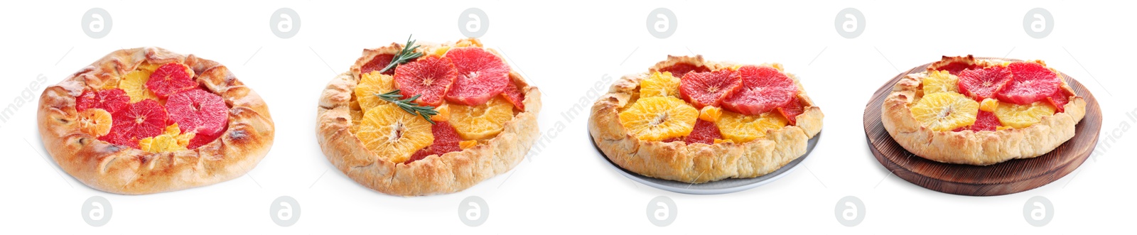 Image of Delicious galettes with citrus fruits on white background, collage