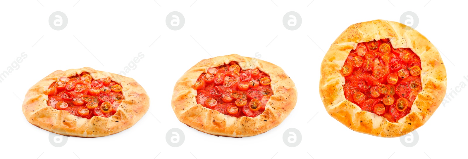 Image of Delicious galette with cherry tomatoes on white background, collage. Top and side views