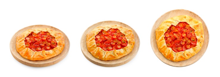 Image of Delicious galette with cherry tomatoes on white background, collage. Top and side views