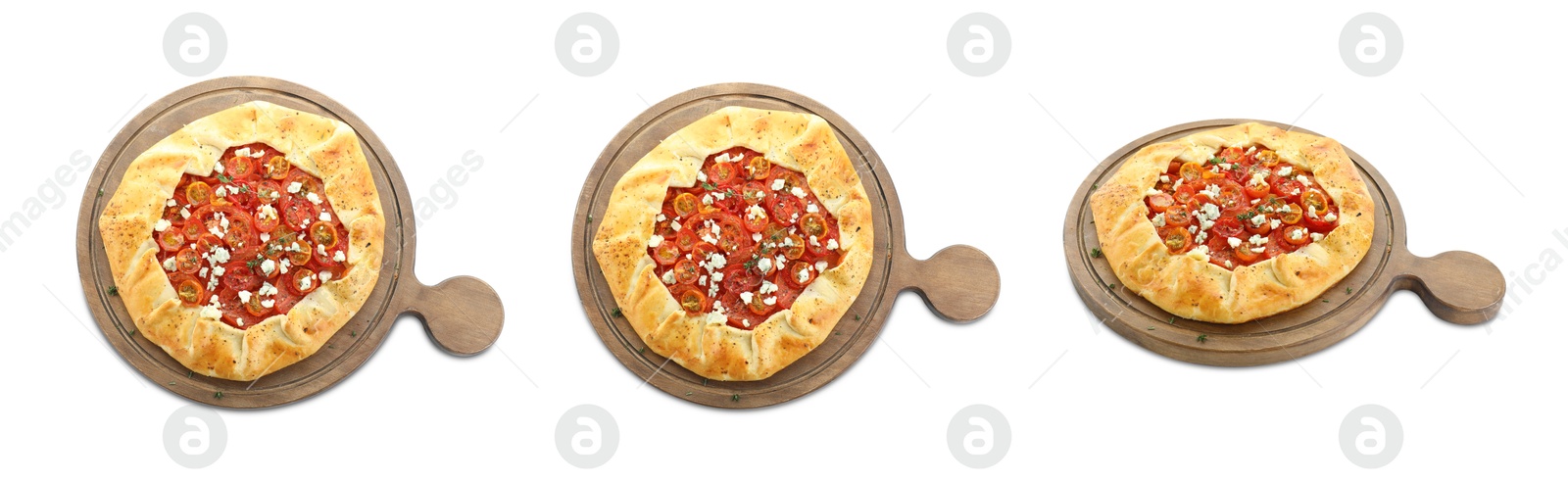 Image of Delicious galette with cherry tomatoes and cheese on white background, collage. Top and side views