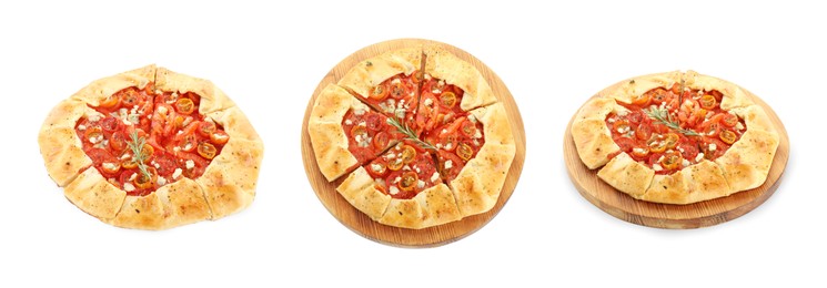 Image of Delicious galette with cherry tomatoes and cheese on white background, collage. Top and side views