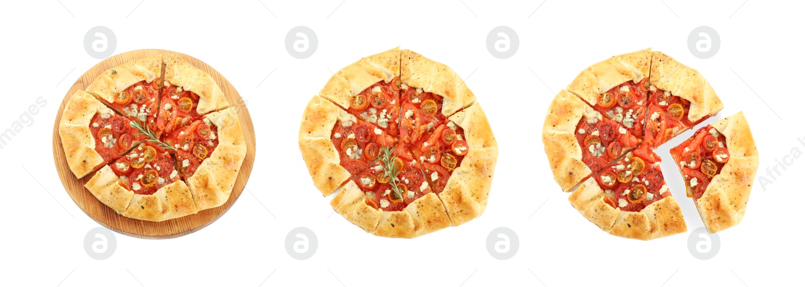 Image of Delicious galette with cherry tomatoes and cheese on white background, collage. Top view