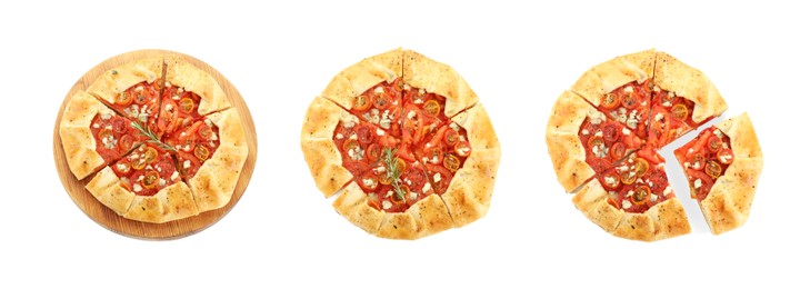 Image of Delicious galette with cherry tomatoes and cheese on white background, collage. Top view