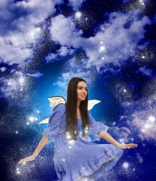 Enchanting fairy among clouds in dark sky. Beautiful girl with wings