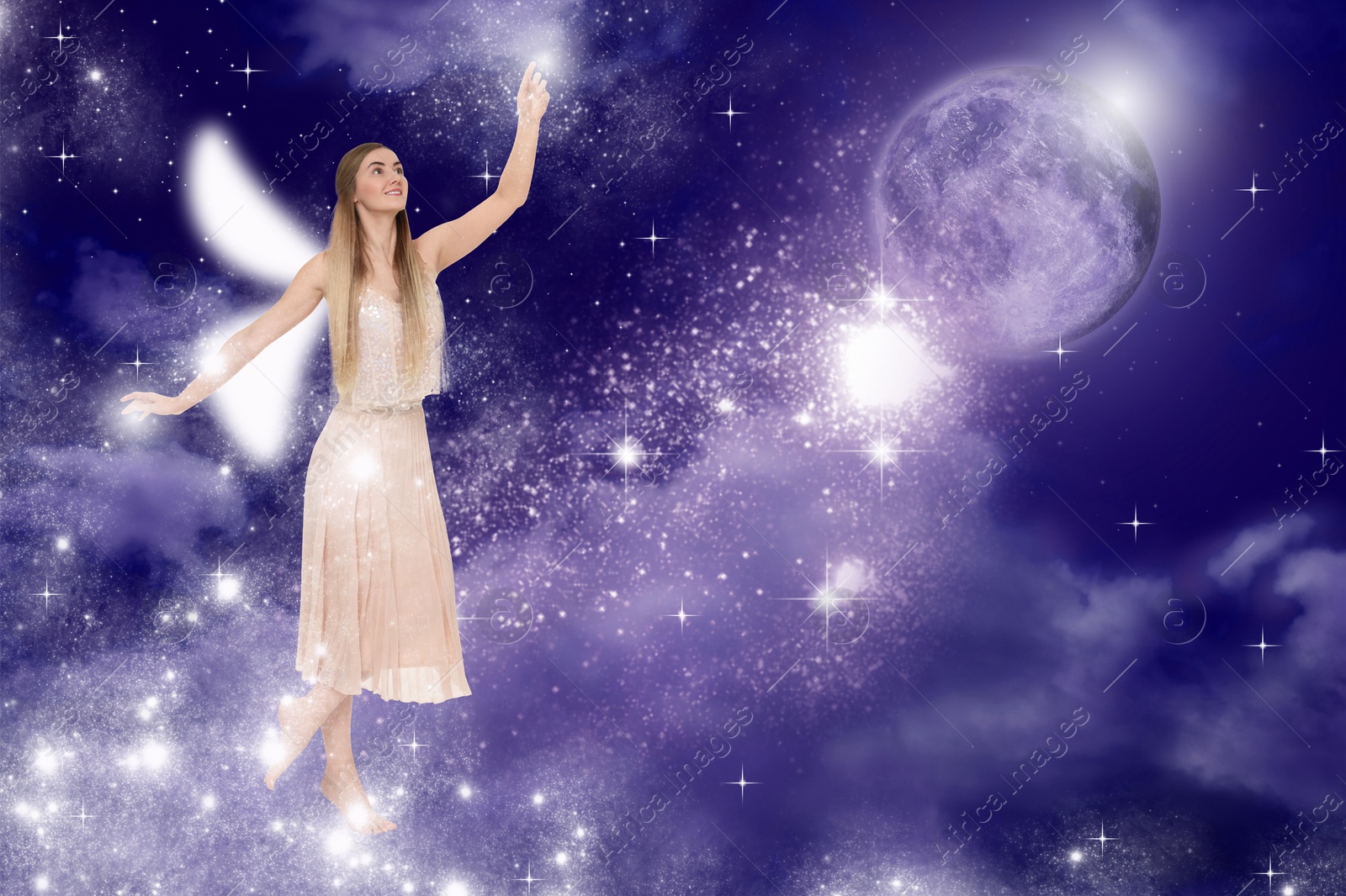 Image of Enchanting fairy casting lights in dark sky with full moon. Beautiful girl with wings